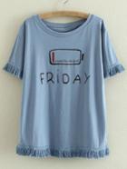 Romwe Blue Fringe Trim Printed Short Sleeve T-shirt