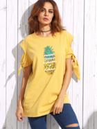 Romwe Yellow Pineapple Print Cutout Tie Sleeve T-shirt