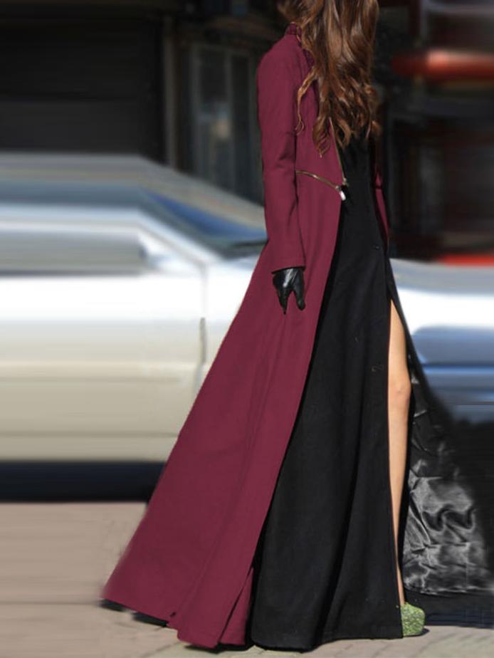 Romwe Stand Collar Zipper Maxi Maroon Coat