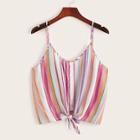 Romwe Button & Knot Front Colorful Striped Cami Top