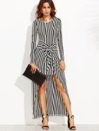 Romwe Vertical Striped Knot Front High Low Dress