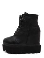 Romwe Black Round Toe Lace-up Heighten Ankle Boots