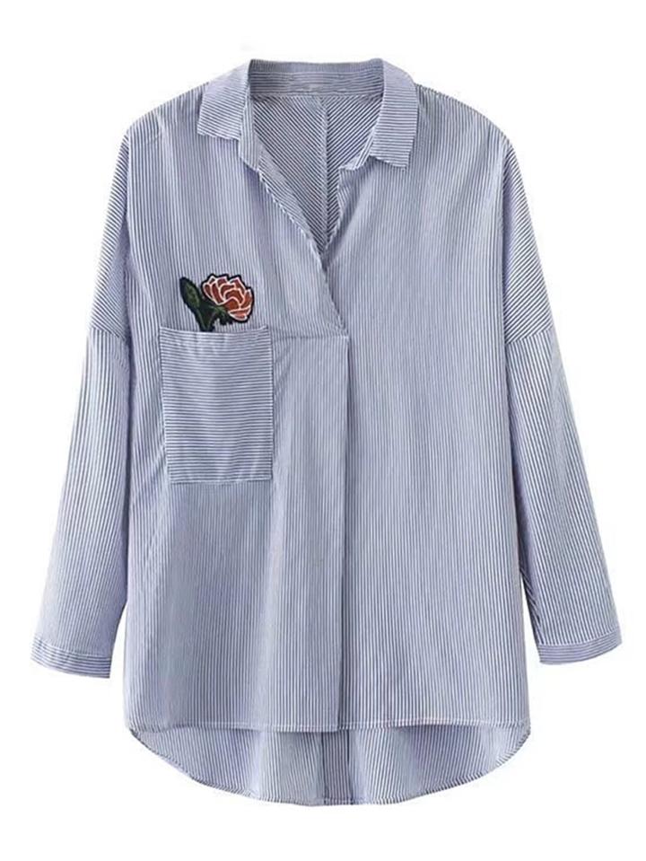 Romwe Rose Embroidery Striped High Low Blouse