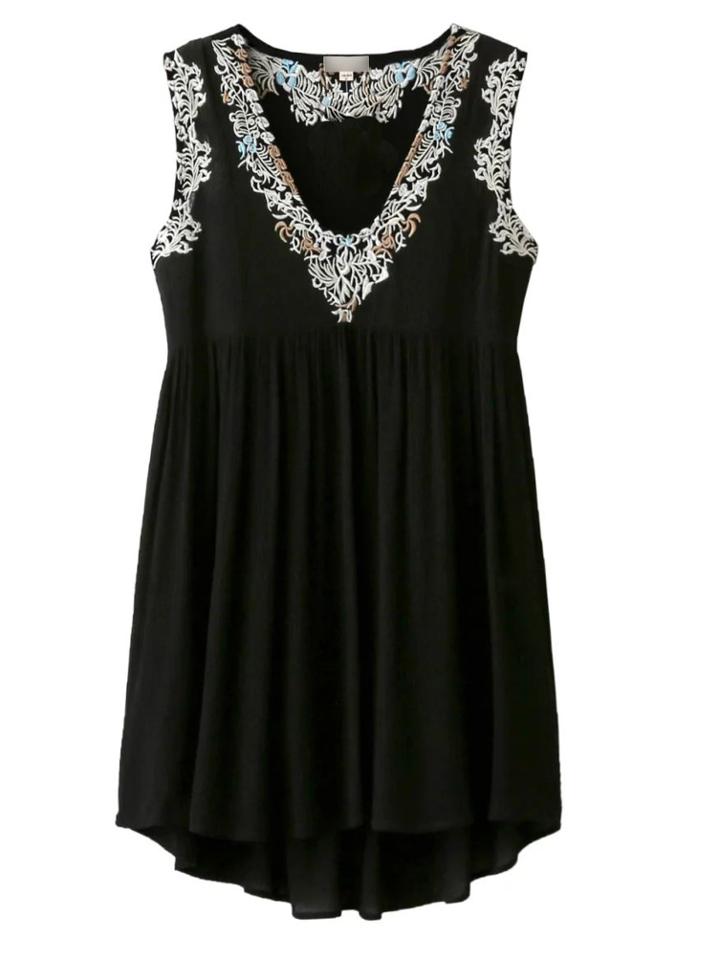 Romwe Black Deep V Neck Embroidery Dress With Strap