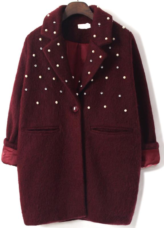 Romwe Bead Embellished Lapel Woolen Loose Coat