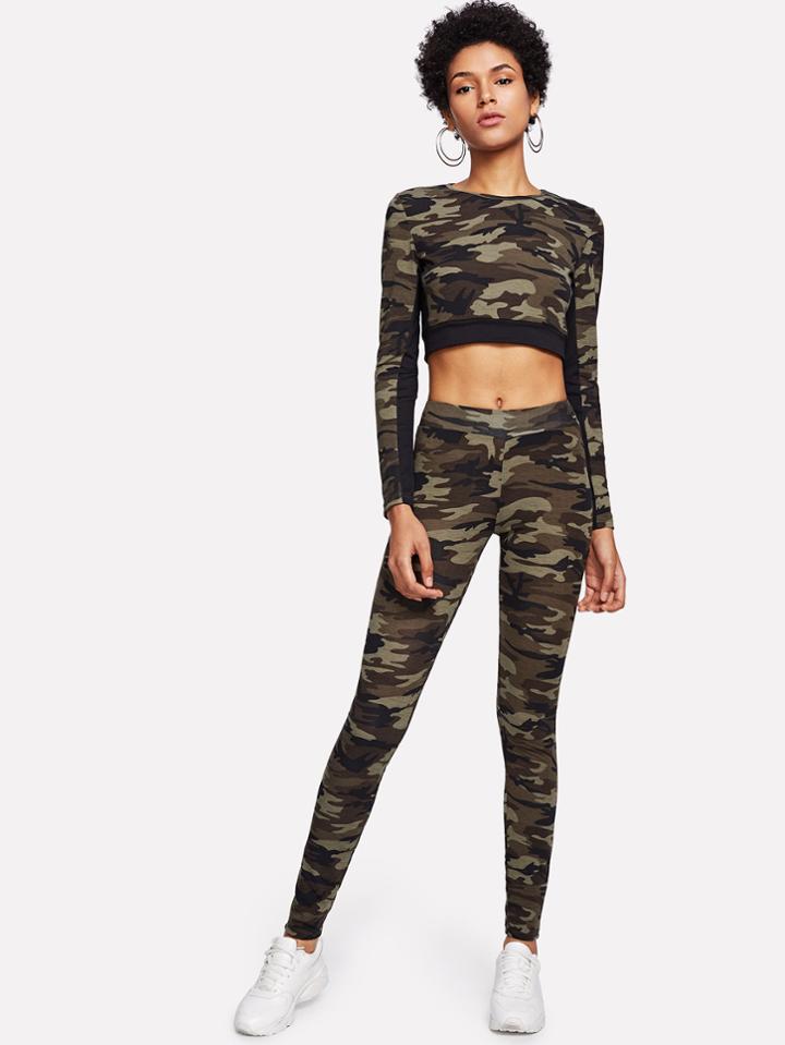 Romwe Camo Print Crop Top & Leggings Set
