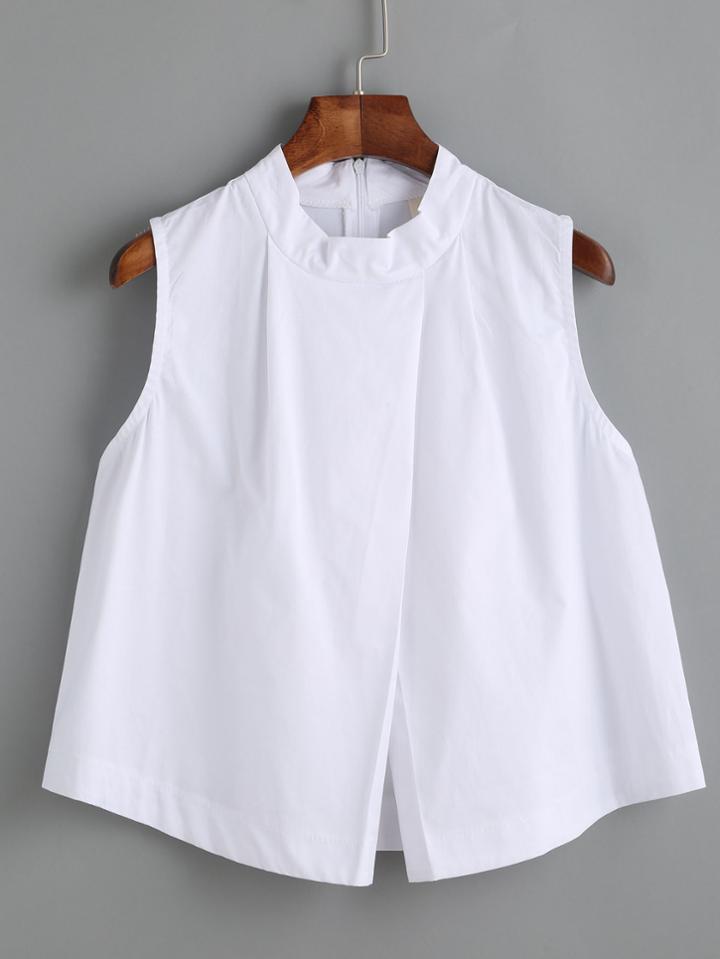 Romwe White Mock Neck Split Zipper Back Top