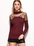 Romwe Burgundy Ruffle Neck Contrast Mesh Embroidered Sweater
