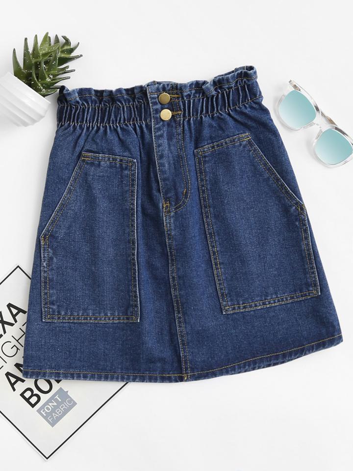Romwe Elastic Waist Dual Pocket Denim Skirt