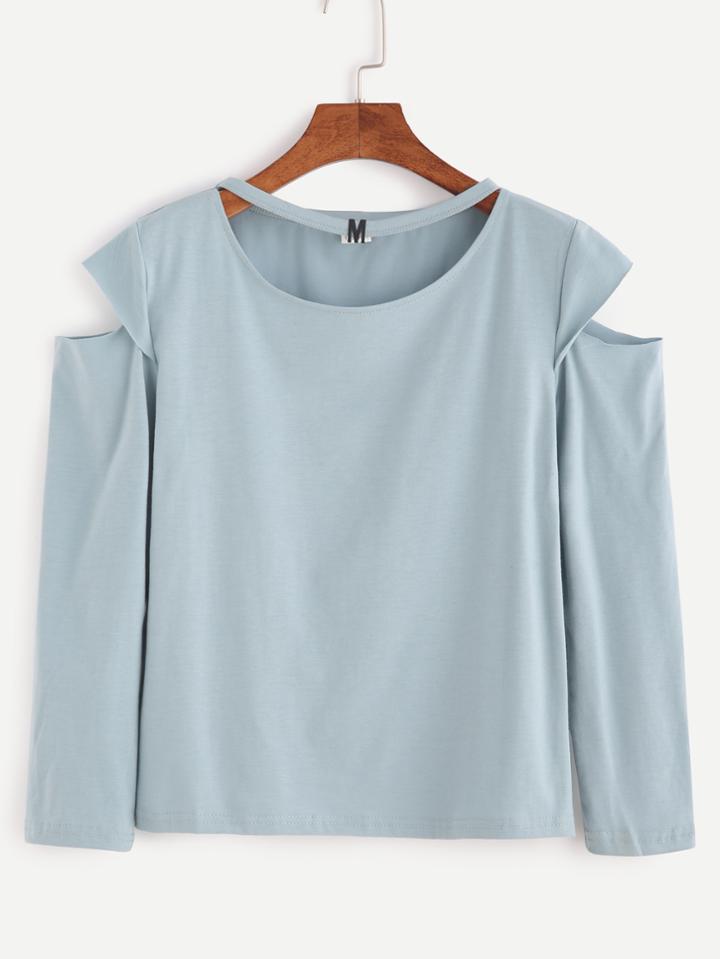 Romwe Light Blue Cut Out T-shirt