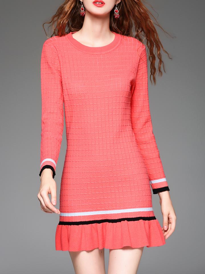 Romwe Pink Crew Neck Knit Sheath Frill Dress