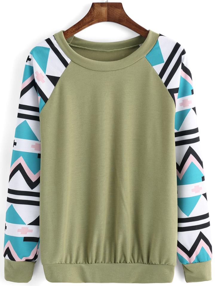 Romwe Geometric Print Army Green Sweatshirt