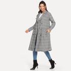 Romwe Double Breasted Belted Plaid Coat