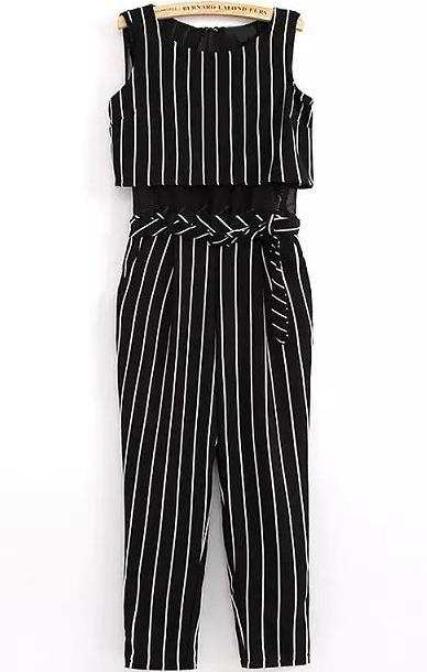 Romwe Vertical Striped With Belt Black Jumpsuit