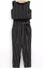 Romwe Vertical Striped With Belt Black Jumpsuit