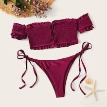 Romwe Short Sleeve Smocked Bardot Top With Tie Side Bikini