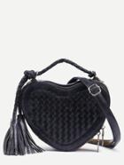 Romwe Black Tassel Trim Braided Heart Shaped Bag