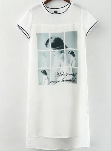 Romwe Dip Hem Beauty Print Long T-shirt