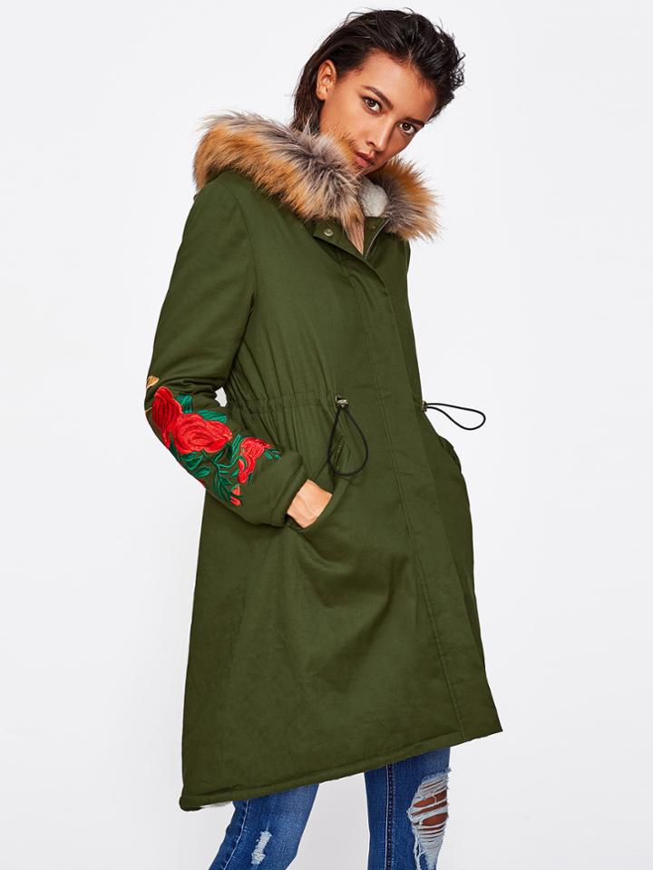 Romwe Faux Fur Hoodie Fleece Lined Embroidered Parka Coat