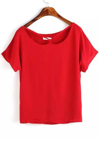 Romwe Short Sleeve Chiffon Red Top