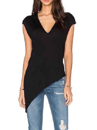 Romwe V-neck Cap Sleeve Asymmetric T-shirt - Black