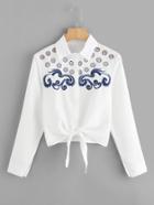 Romwe Cut Out Embroidered Knot Front Shirt