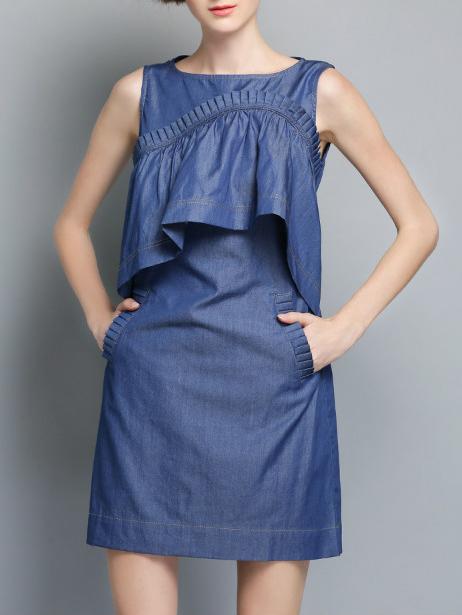 Romwe Blue Ruffle Pockets Denim Shift Dress