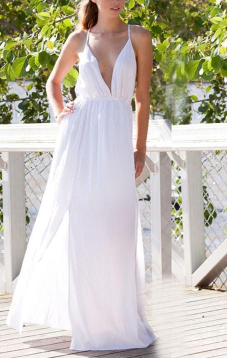 Romwe Deep Plunge Neck Backless Split Maxi White Dress