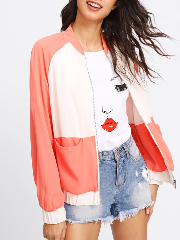 Romwe Two Tone Raglan Sleeve Bomber Jacket