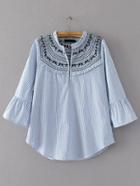 Romwe Vertical Striped Embroidery Bell Sleeve Blouse