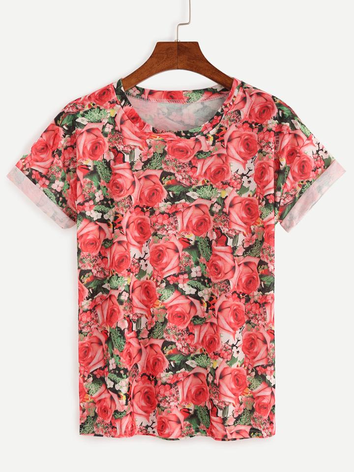 Romwe Red Rose Print Roll Sleeve T-shirt