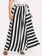 Romwe Contrast Striped Belted Skirt