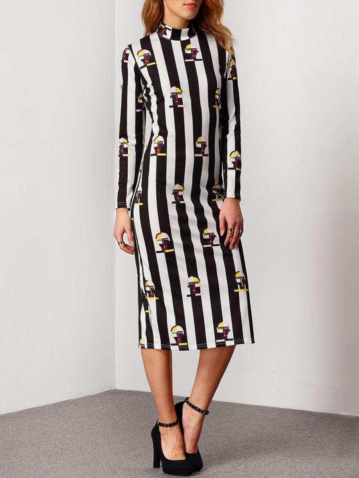 Romwe Mock Neck Vertical Striped Split Side Dress