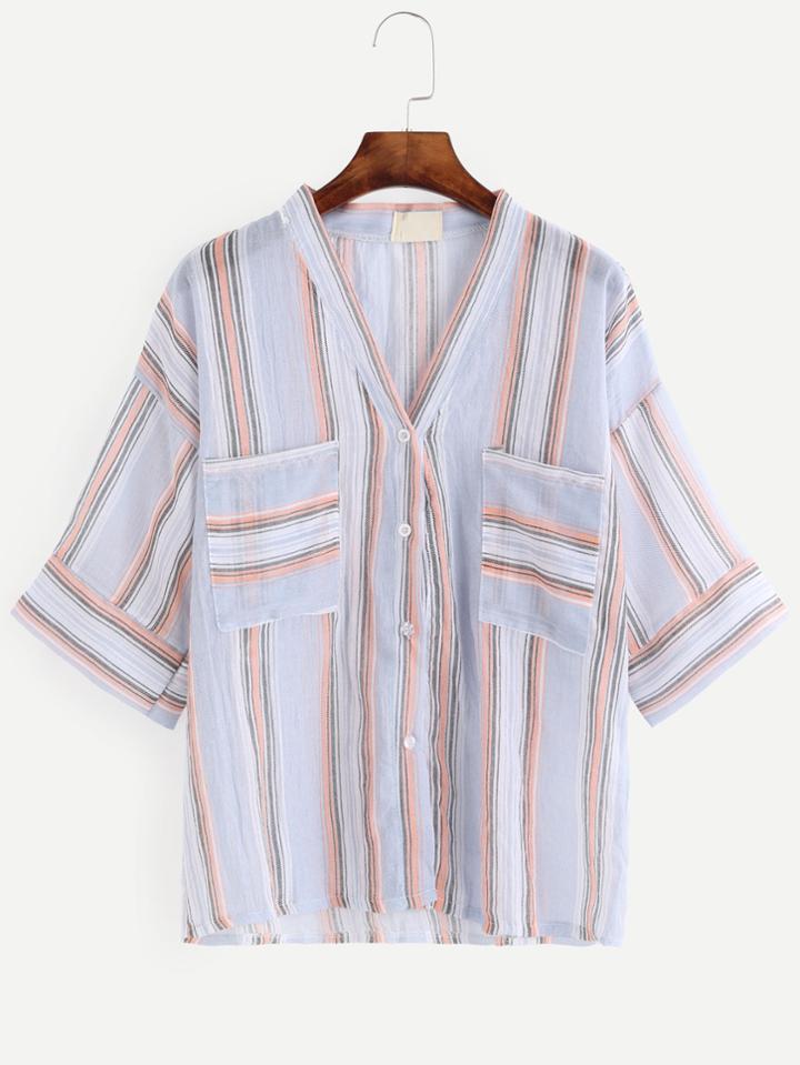 Romwe V Neck Striped Dropped Shoulder Patch Pocket Shirt