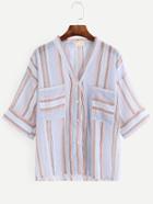 Romwe V Neck Striped Dropped Shoulder Patch Pocket Shirt