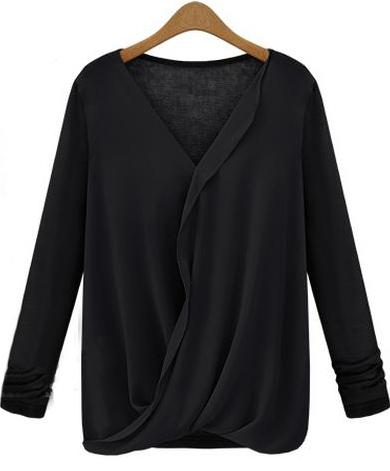 Romwe V Neck Contrast Chiffon Black Blouse