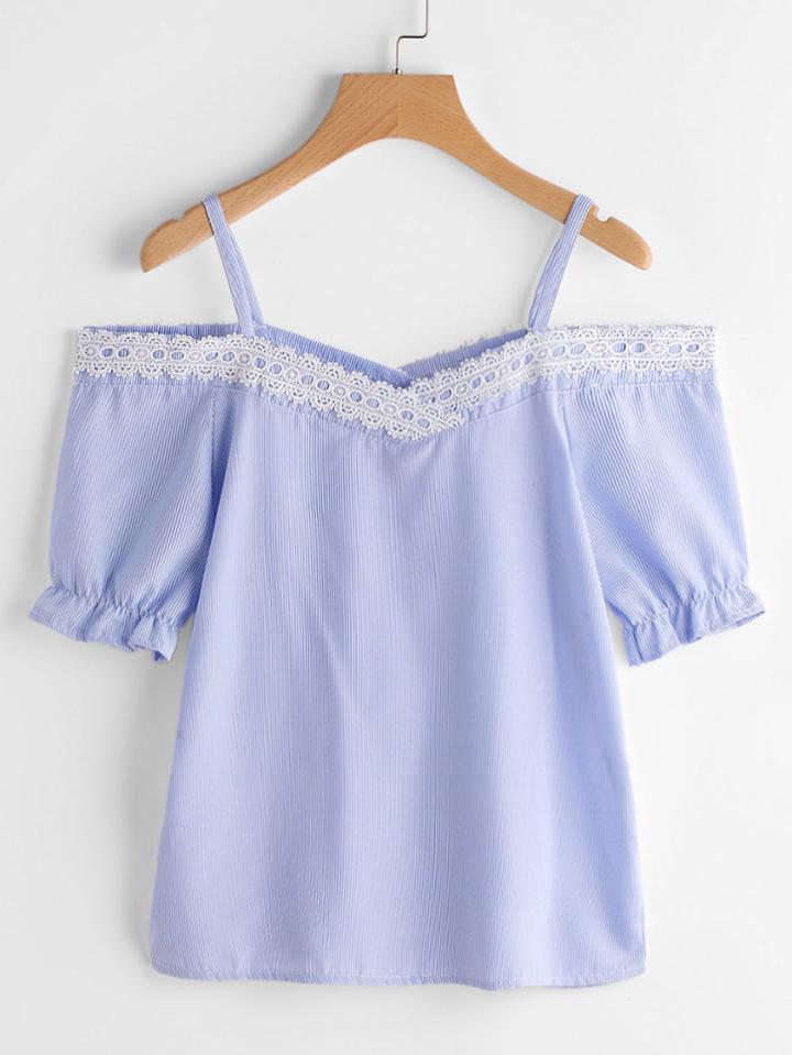 Romwe Open Shoulder Pinstriped Contrast Lace Trim Blouse