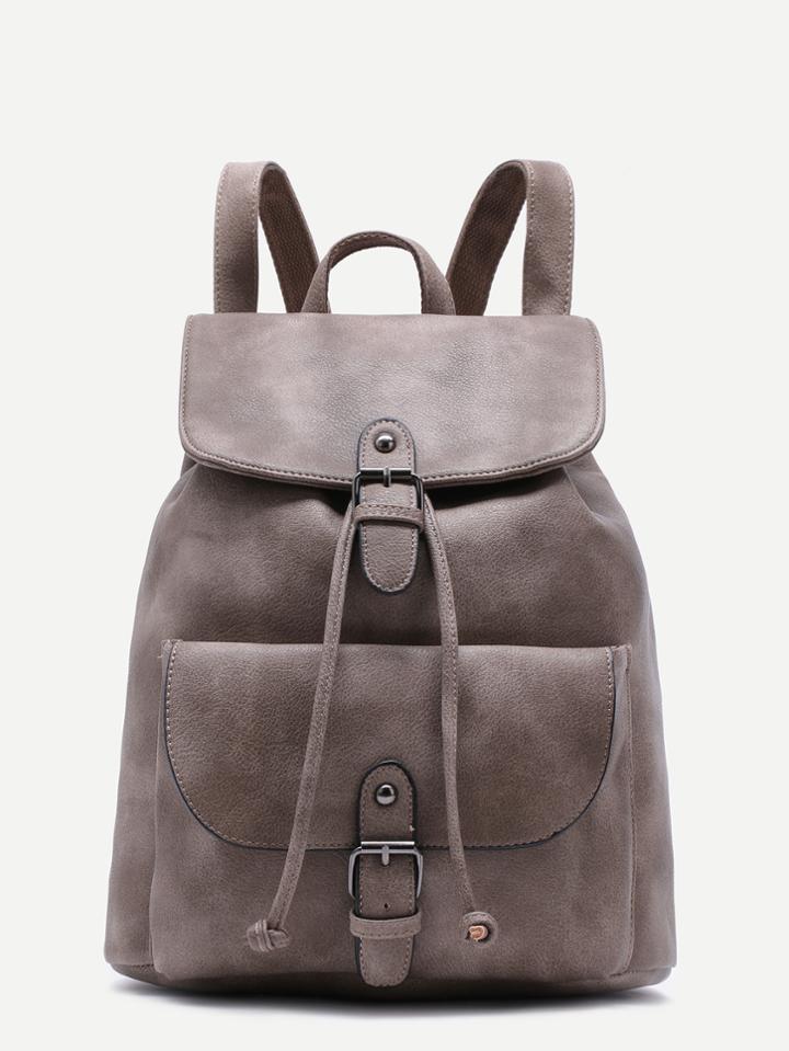 Romwe Grey Pu Buckle Strap Drawstring Flap Backpack