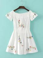 Romwe White Off The Shoulder Embroidery Girdling Dress