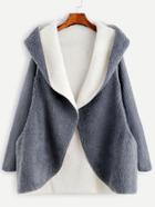 Romwe Contrast Ribbed Sleeve Hooded Sherpa Coat