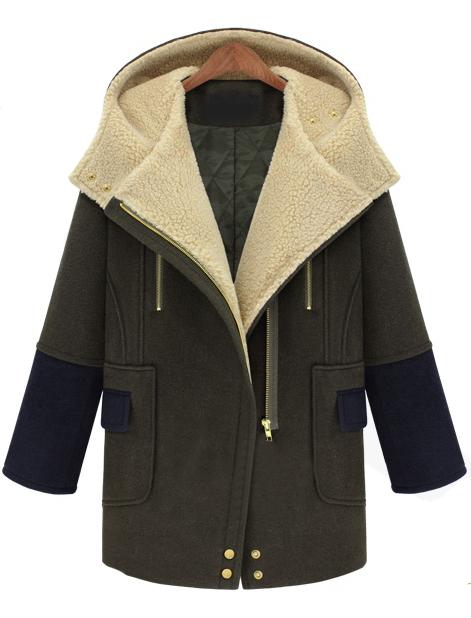 Romwe Hooded Zipper Pockets Woolen Army Green Coat
