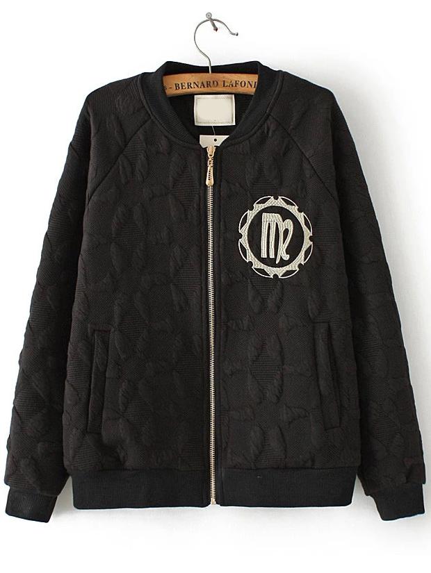 Romwe Embroidered Embossed Zipper Black Jacket