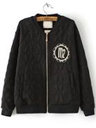 Romwe Embroidered Embossed Zipper Black Jacket