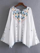 Romwe White Embroidery Slit Sleeve Tie Blouse