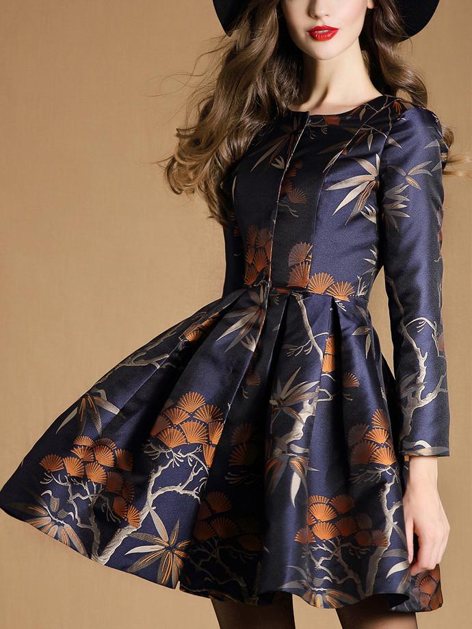 Romwe Navy Round Neck Long Sleeve Print Coat