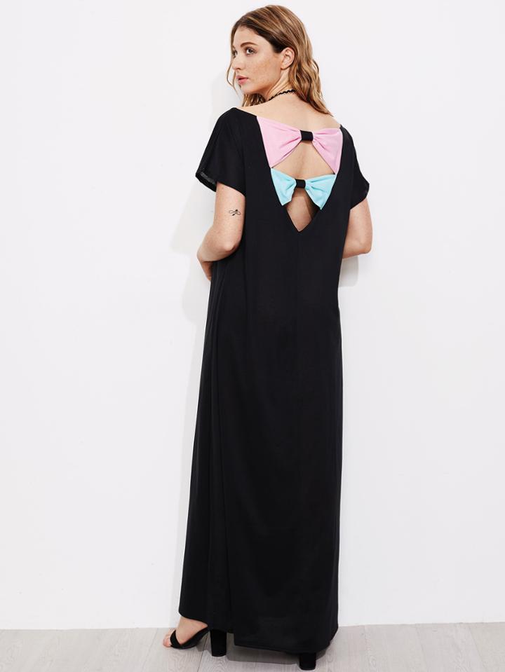Romwe Contrast Bow Panel Open Back Full Length Dress
