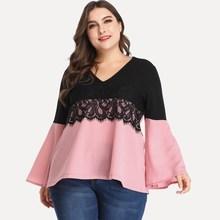 Romwe Plus Contrast Lace Flounce Sleeve Blouse