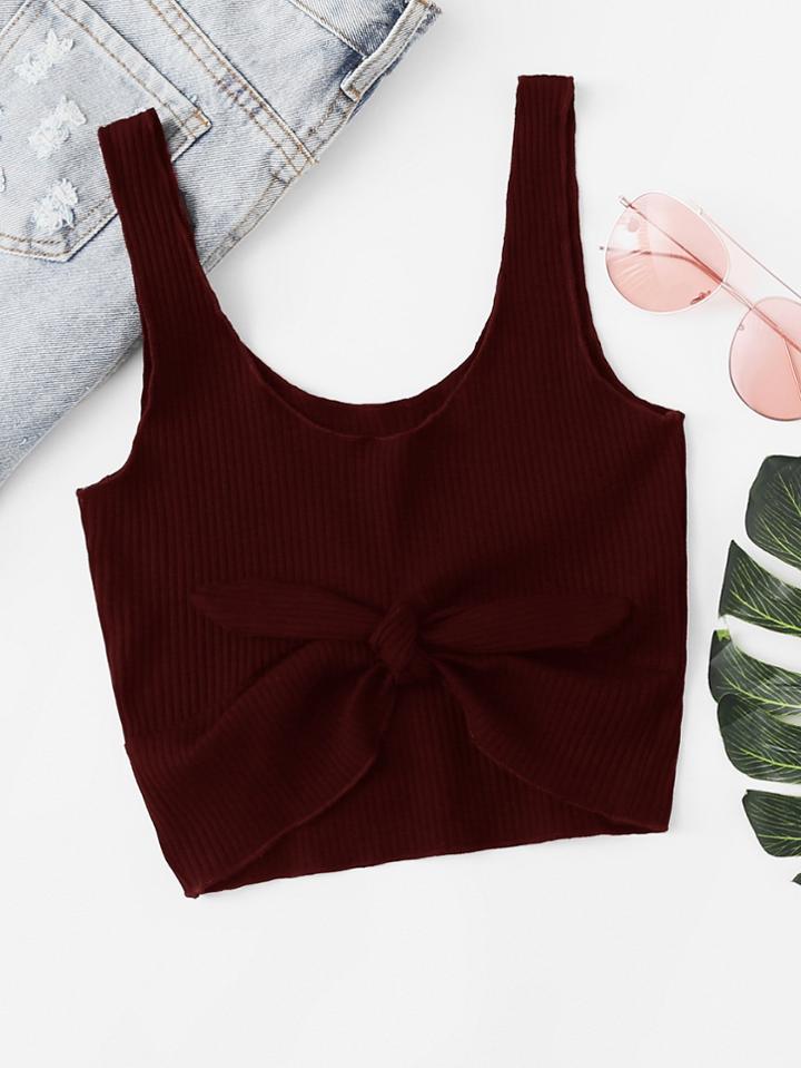 Romwe Knot Front Ribbed Crop Top