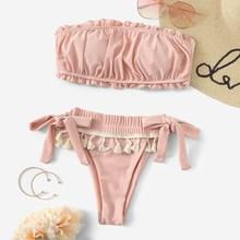 Romwe Ruched Bandeau With Tassel Trim Tie Side Bikini