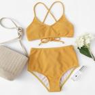 Romwe Solid Rib Knit Bikini Set